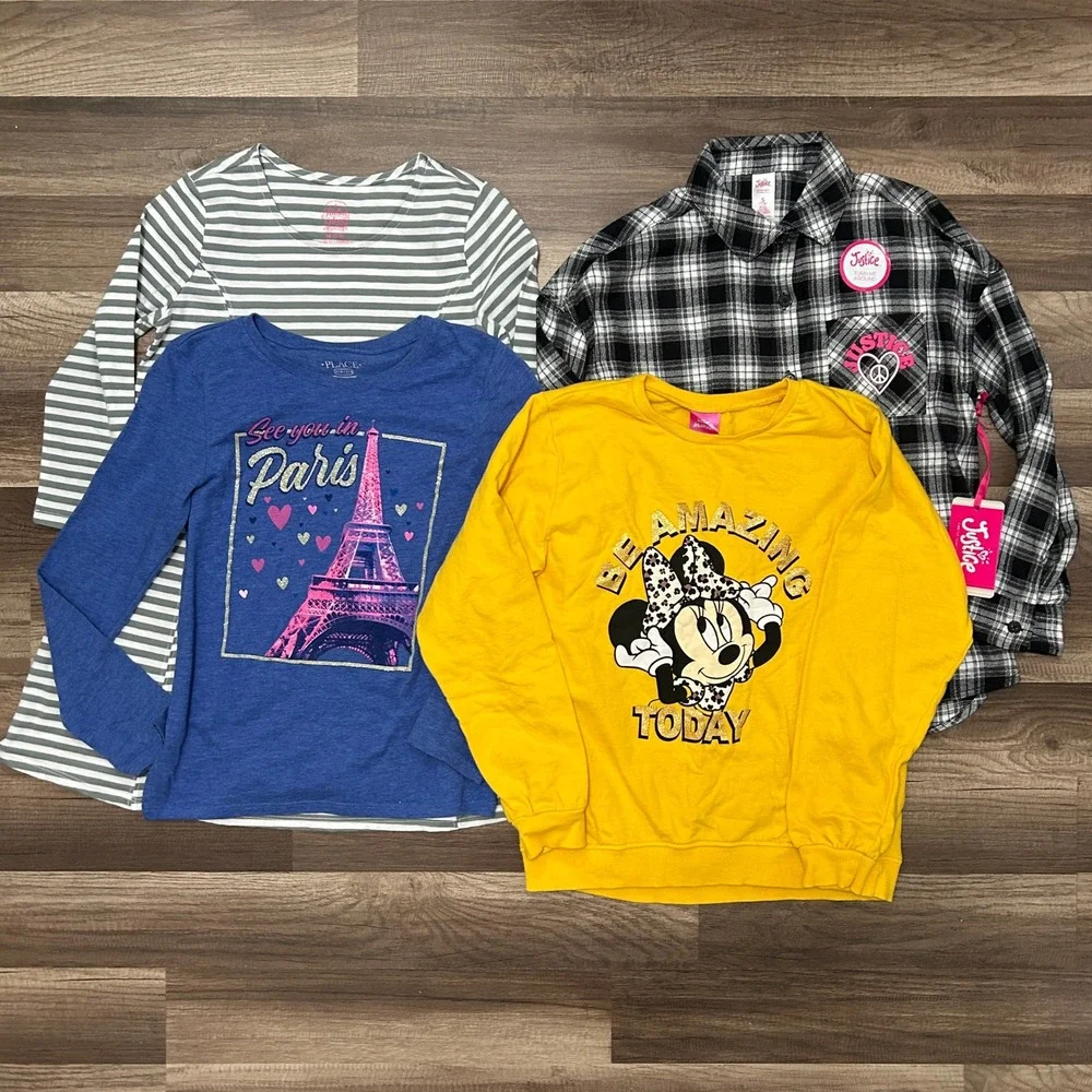 Justice Disney Place Kids 7/8 Bundle Long Sleeve Tops NWT Flannel Minnie Striped